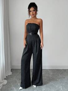 Selianne Elegant Black & White Striped Strapless Jumpsuit With Backless Design + Short Jacket, Women 2 Pieces Set, Autumn/Winter Fall Cloth For Women - Black - View 4