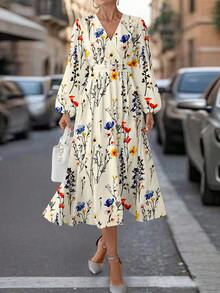 SHEIN Clasi Apricot Ditsy Floral Long Dress, Elegant And Suitable For Everyday Wear Classy Outfits For Women Fall Clothes For Women Fall Women Clothes Fall Dresses For Women Elegant Dresses For Women Fall Dresses Chic Dress