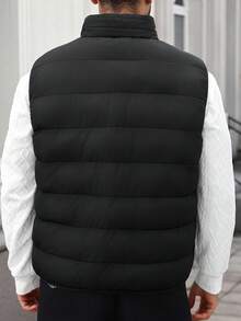 Manfinity CasualCool Plus Size Men's Autumn And Winter Zipper Stand Collar Sleeveless Vest Jacket, Black Thickened Loose Loose Vest, Solid Color Simple Clothing, Black And White Diamond Grid Design Printed On The Inside, Suitable For Daily Casual Wear, Weekend Outings, Outdoor Activities, Street Style, Travel And Relaxed Working Environment, It Is An Ideal Gift For Your Boyfriend Or Husband. - Black - View 2