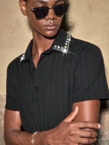 AKNOTIC Men's Polo Shirt With Beaded Collar, Fashionable Solid Color Shirt - Black - View 3