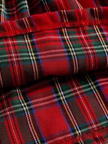 Souflis Souflis 2pcs Baby Girls Christmas Outfit: Plush Vest Jacket + Plaid Dress. Thermal Lined Jacket Vest Top Paired With Round Neck Long Sleeve Plaid Red Dress Skirt, Suitable For Daily Outings Or Christmas Holiday In Autumn/Winter Fall - Red - View 7