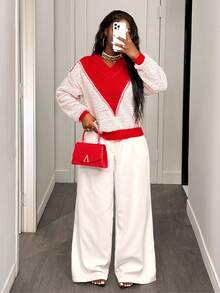 BamGleam Women's Autumn Contrast Color V-Neck Dropped Shoulder Long Sleeve Loose Casual Sweater - Red - View 6