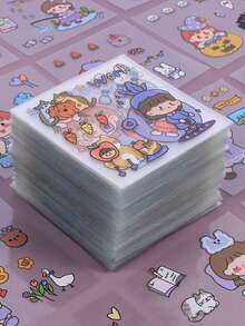 100 张透明可爱女孩与动物 PET 贴纸，卡通贴花，适用于笔记本水瓶手机冰箱，DIY 剪贴簿剪贴画贴纸随机发货（盒装） - 無色 - 查看 5