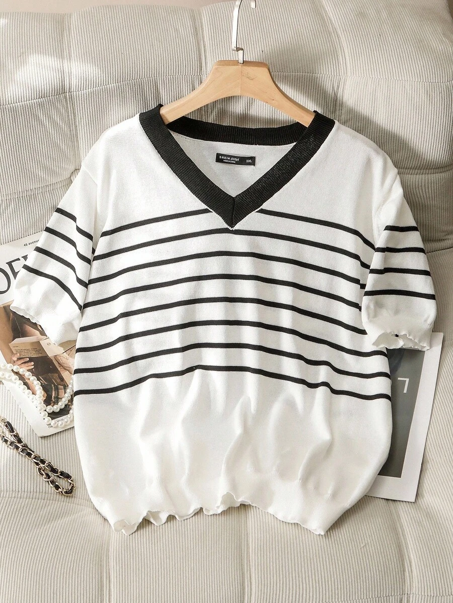 SHEIN Lacomfia Plus Size Casual Commuter Striped Short Sleeve Sweater, Summer Winter Fall Autumn - Black and White - View 1