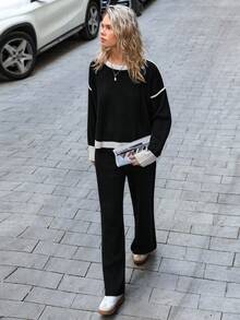 EURMUSE Damen gestreifter Pullover und Strickhose 2 Stücke Set Co-Ords Zwei-Teile-Set Damen Schwarz Zwei-Teile-Set Damen 2 Stücke lässig-Set Damen Langarm Zwei-Teile-Set Bequemes Zwei-Teile-Set,Winterkleidung - Schwarz - Übersicht 1