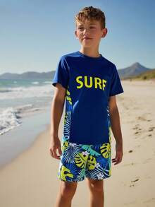 SHEIN Tween Boy Tropical Print & Letter Graphic Raglan Sleeve Swimsuit Boys Two Piece Rash Guard Swimsuits Sets Kids UV Protection 50+ Long Sleeve Sunsuit Swimwear Sets