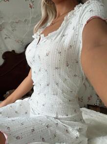 CottageSlumber Jacquard Floral Lace Trim Fitted Mini Nightgown For Women Babydoll Pajama Set Lace Pajama Set Lace Pj Set Summer Pj Set Two Piece Sleepwear Set Goth  Cozy And Elegant Details - White - View 6