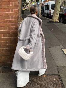 DAZY 拼布仿毛领宽松厚款长款女士大衣，秋冬 - 灰色 - 查看 2