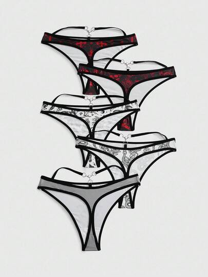 Goth 5pcs Gothic Skull, Snake, Mushroom, Bat, Cross Print Women's Hipster Panties, Halloween