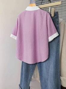 SHEIN LUNE 大码夏季休闲条纹短袖衬衫 - 中紫紅色 - 查看 2