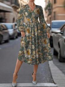 SHEIN Clasi Robe imprimée fleurs vintage verte, style romantique campagnard, convient pour l'automne - Multicolore - Voir 7