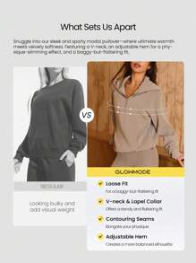 GLOWMODE 莫代尔舒适超柔软光滑宽松剪裁轮廓接缝可调节下摆拉链口袋半拉链套头衫日常休闲装