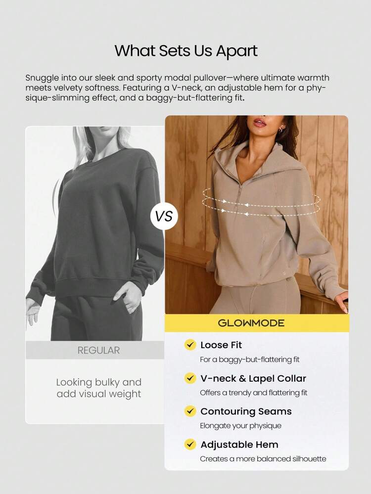 Modal Get Comfy Ultra-Soft Smooth Loose Fit Contour Seams Adjustable Hem Zipper Pockets Half-Zip Pullover Daily Casual Wear Fall Winter