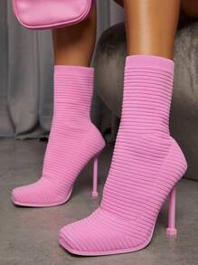 SHUZIA Square Toe Textured Stiletto Booties Mother's Day Present - Pink - View 4