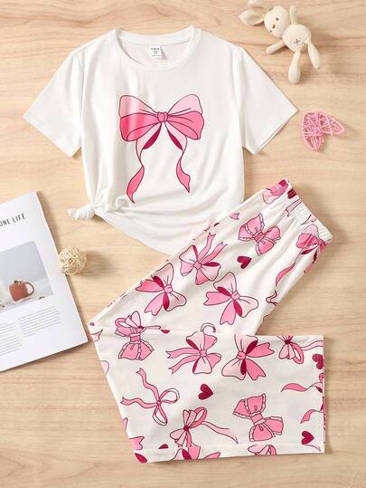 SHEIN 2 件套青少年女孩休闲蝴蝶结装饰圆领短袖 T 恤和宽松蝴蝶结印花直筒睡裤套装