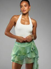 MISSGUIDED 不对称荷叶边迷你裙 高低摆雪纺飘逸夏季派对婚礼宾客度假装晚宴优雅多层裙摆 - 藍色 - 查看 6