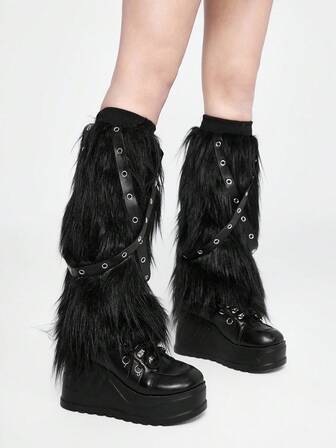 Grunge Punk 1 Pair Punk Style Black Fuzzy Leg Warmers, Y2K Eyelet Lace-Up Knit Leg Warmers With PU Leather Strap Patchwork, & Slimming, Suitable For Daily, Festivals, Party Outfits