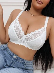 1pc Plus Size Women Lace Patchwork Comfortable Underwire Bra, Lift