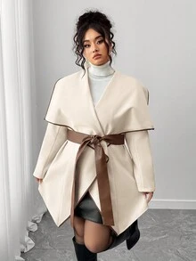 Elenzga Women's Plus Size Lapel Long Sleeve Waist Patchwork Leather Slim Fit Elegant Commuter Jacket Winter Fall Autumn