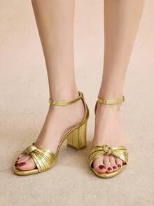 Rosivie Women's Round Toe Thick Heel Hollow Woven Elegant Versatile Comfortable Vacation Roman Sandals, Gold High Chunky Heel Sandals