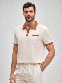 2 pezzi Tuta sportiva da uomo OFFICEAU, polo a maniche corte casual + pantaloni lunghi, outfit sportivo con design a patchwork, adatto dalla primavera all'estate - Cachi - Visualizzare 6