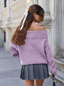 SHEIN Cottnline Women Bardot Neck Pullover With Buckle Detail - Lilac Purple - View 4