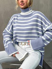 EURMUSE High Neck Drop Shoulder Striped Pattern Sweater - Dusty Blue - View 1