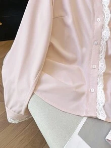 INAWLY 女式休闲撞色蕾丝前扣长袖衬衫 - 粉色 - 查看 6