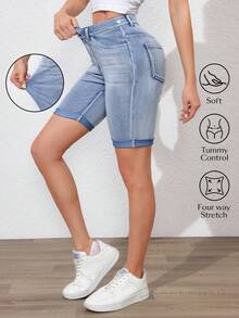 Flexra 纯色弹力贴身口袋牛仔短裤，夏季时尚 - 淺色水洗藍 - 查看 1