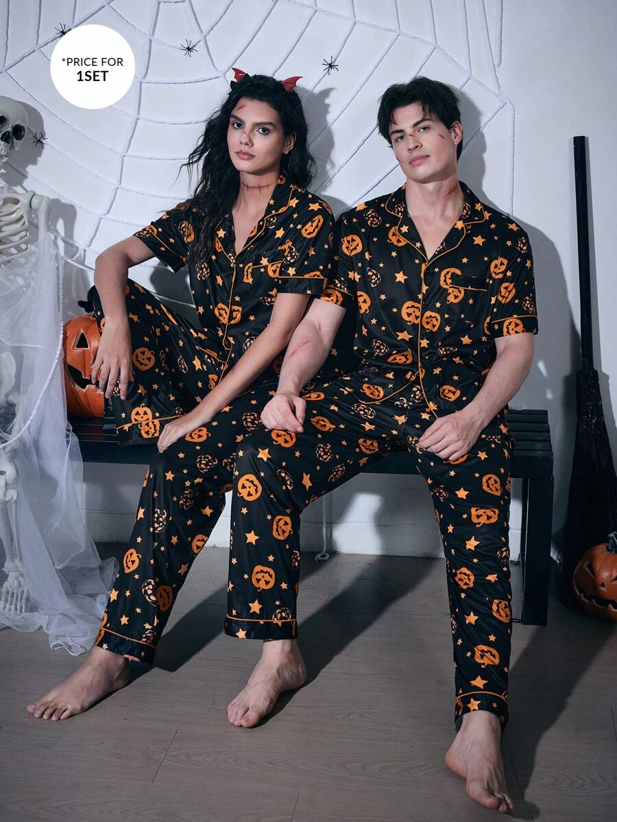 CoupledUp Bộ đồ ngủ ve áo in hình đầu bí ngô Halloween dành cho nữ, đồ ngủ Halloween đôi cho cặp đôi, dành cho tiệc Halloween - màu đen - Xem 1