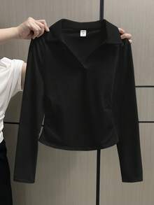 SHEIN 少女百搭黑色方形 V 领长袖 T 恤，设计师风格，夏季休闲 Polo 衫，齐腰长款，修身剪裁，干净女孩 - 黑色 - 查看 3