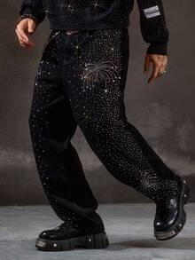 ROMWE MEN Street Life Men's Rhinestone Embellished Pocket Wide Leg Loose Jeans - Black - View 5