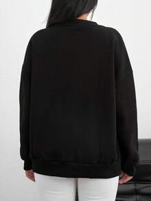 EURMUSE Plus Size Women Casual Zipper Up Plain Color Bomber Jacket For Outdoor, Autumn Bussines - Black - View 2