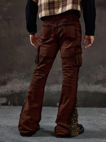 ROMWE MEN Street Life Men's KPOP Vintage Patchwork Leopard Print Flap Pocket Flare Leg Jeans - Coffee Brown - View 4