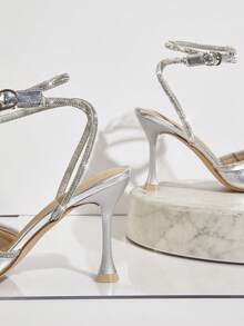 SHUZIA Zapatos de tacón alto con punta para mujer con decoraciones de pedrería para uso diario - Plateado - Ver 4