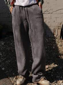 DAZY Men's Grey Suede Fabric Letter Embroidery Elastic Waist Street Style Sweatpants, Autumn, 2000s Style Men Joggers