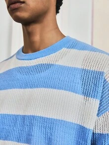 SWAVVY Jersey de cuello redondo de manga larga con estampado de rayas casual para hombre, para otoño e invierno - Celeste - Ver 4