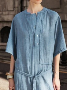 Lumivelle Women's Casual Everyday Simple Solid Color Half-Button Front Tie Waist Loose Dress, Summer All White Summer Dress Clothes For University - Blue - View 8