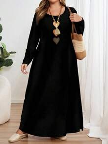 EMERY ROSE 1 件加大码彩色心形印花宽松 A 字长袖圆领连衣裙，适合秋冬季，黑色长裙，女士秋季服装 - 彩色 - 查看 1