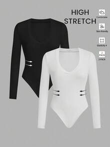 SHEIN EZwear 2 件套休闲纯色针织性感 V 领修身长袖甜心领女式紧身衣 - 彩色 - 查看 1