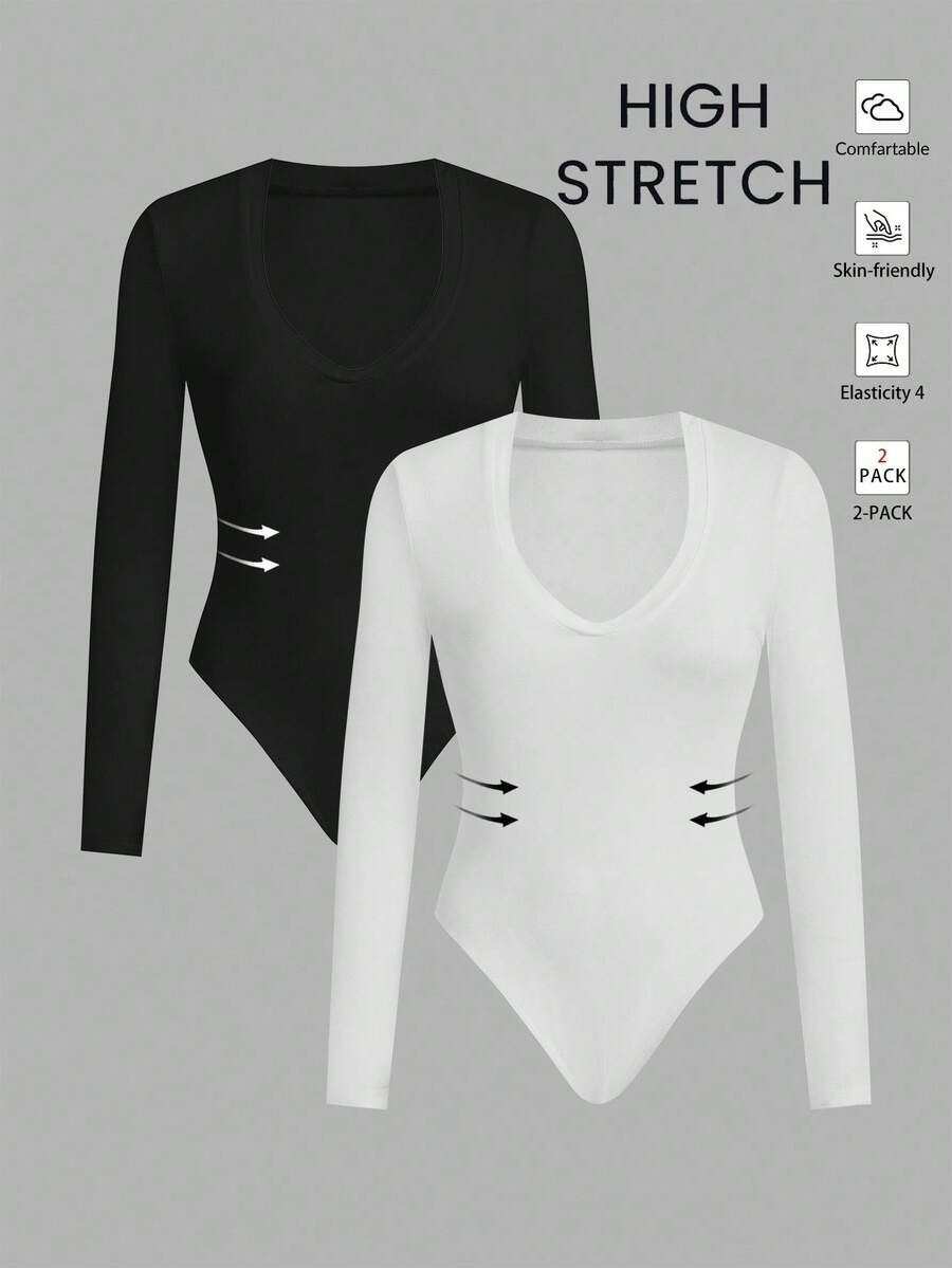 SHEIN EZwear 2 件套休闲纯色针织性感 V 领修身长袖甜心领女式紧身衣 - 彩色 - 查看 1