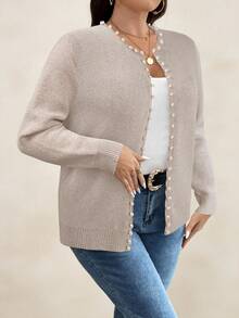 SHEIN Clasi 秋季大码女式仿珍珠装饰针织开衫 - 駝色 - 查看 3