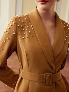 ZEYLAH Women's Elegant Mid-Length Dress With Beaded Collar And Long Sleeves Fall Cloth For Women - Brown - View 1