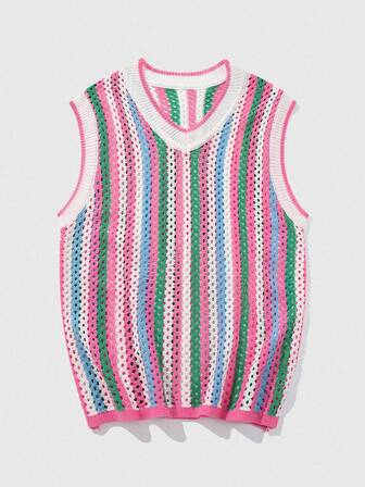 Street Life Chaleco de punto casual con cuello en V y estampado de rayas de colores para hombre