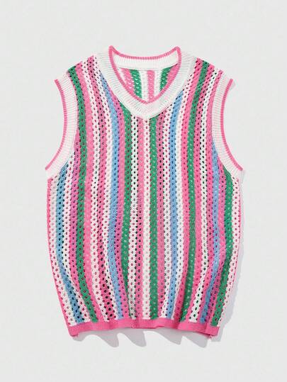 Street Life Lässige Strickweste mit buntem Streifenmuster für Herren mit V-Ausschnitt