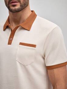2 pezzi Tuta sportiva da uomo OFFICEAU, polo a maniche corte casual + pantaloni lunghi, outfit sportivo con design a patchwork, adatto dalla primavera all'estate - Cachi - Visualizzare 5