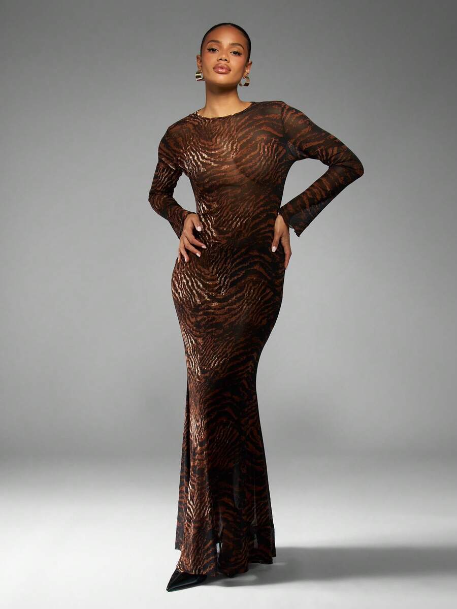 MISSGUIDED Metallic Tiger Print Mesh Maxi Dress With Long SleevesMISSGUIDED