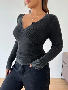 SHEIN EZwear 大码女式黑色酸洗V领长袖休闲T恤 - 黑色 - 查看 6