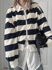 FRIFUL 女士圆领前开条纹面料宽松灯笼袖厚学院风长袖运动衫夹克 - 黑色 - 查看 5