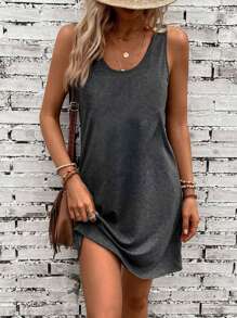 SHEIN LUNE 2pcs/Set Casual Solid Color Women Round Neck Thick Strap Sleeveless Dress, Suitable For Summer Suitable For Going Out Chic Dress